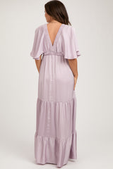 Lavender V-Neck Flutter Sleeve Tiered Maternity Maxi Dress