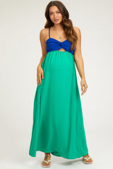 Green Color Block Front Cutout Sleeveless Maternity Midi Dress