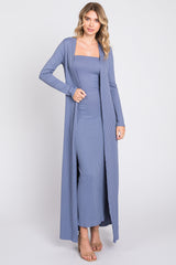 Blue Ribbed Sleeveless Dress Cardigan Set