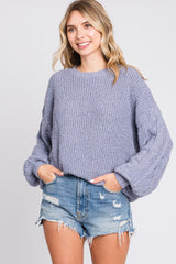 Blue Knit Puff Sleeve Sweater