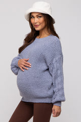 Blue Knit Puff Sleeve Maternity Sweater