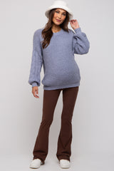 Blue Knit Puff Sleeve Maternity Sweater