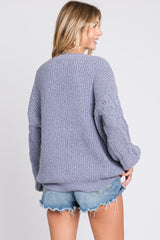 Blue Knit Puff Sleeve Sweater