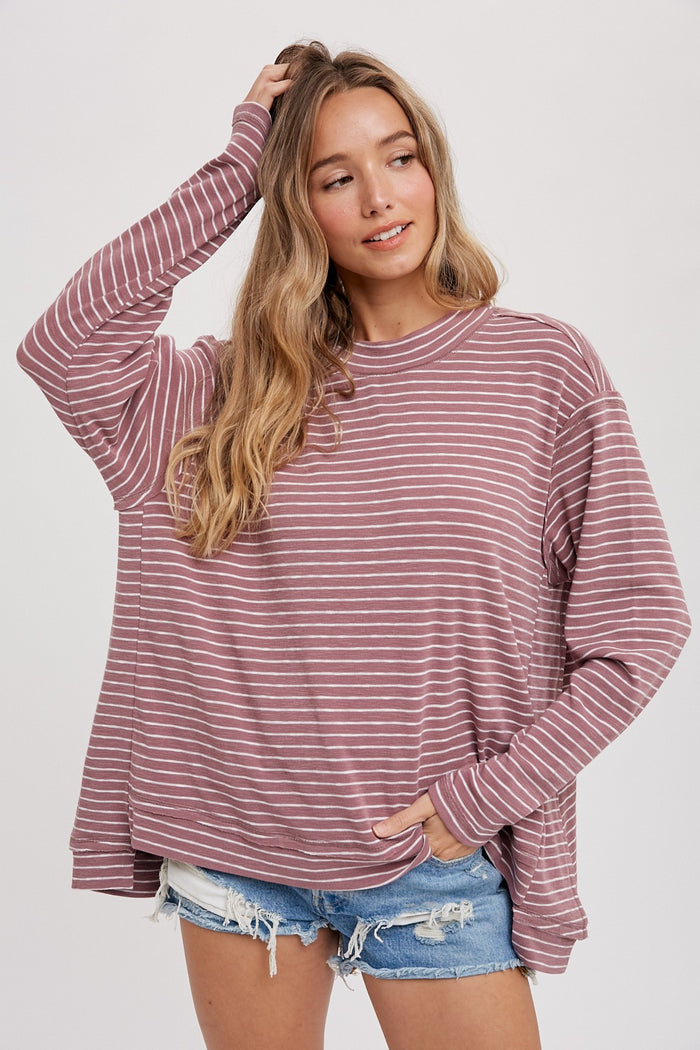 Mauve Crewneck  Slouchy Stripe Top