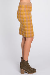 Camel Plaid Fuzzy Knit Fitted Skirt