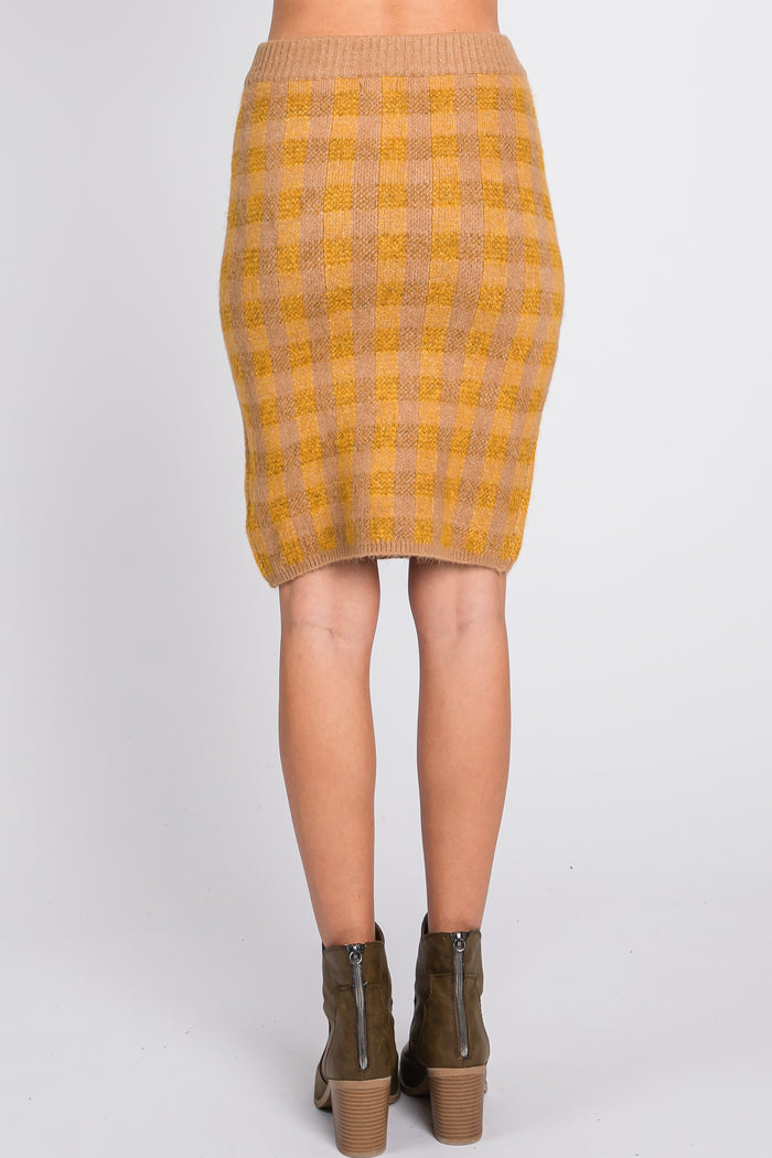 Camel Plaid Fuzzy Knit Fitted Skirt