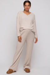 Beige Ribbed Soft Knit Long Sleeve Maternity Pajama Set