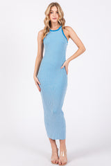 Blue Ribbed Knit Sleeveless Fitted Maternity Midi Dress