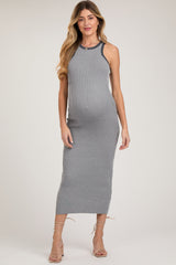 Gray Ribbed Knit Sleeveless Fitted Maternity Midi Dress