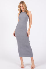 Gray Ribbed Knit Sleeveless Fitted Maternity Midi Dress