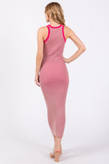 Pink Ribbed Knit Sleeveless Fitted Midi Dress