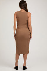 Mocha Ruched V-Neck Maternity Fitted Dress