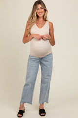 Light Blue Fringe Hem Maternity Cropped Straight Leg Jeans