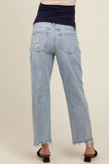 Light Blue Fringe Hem Maternity Cropped Straight Leg Jeans