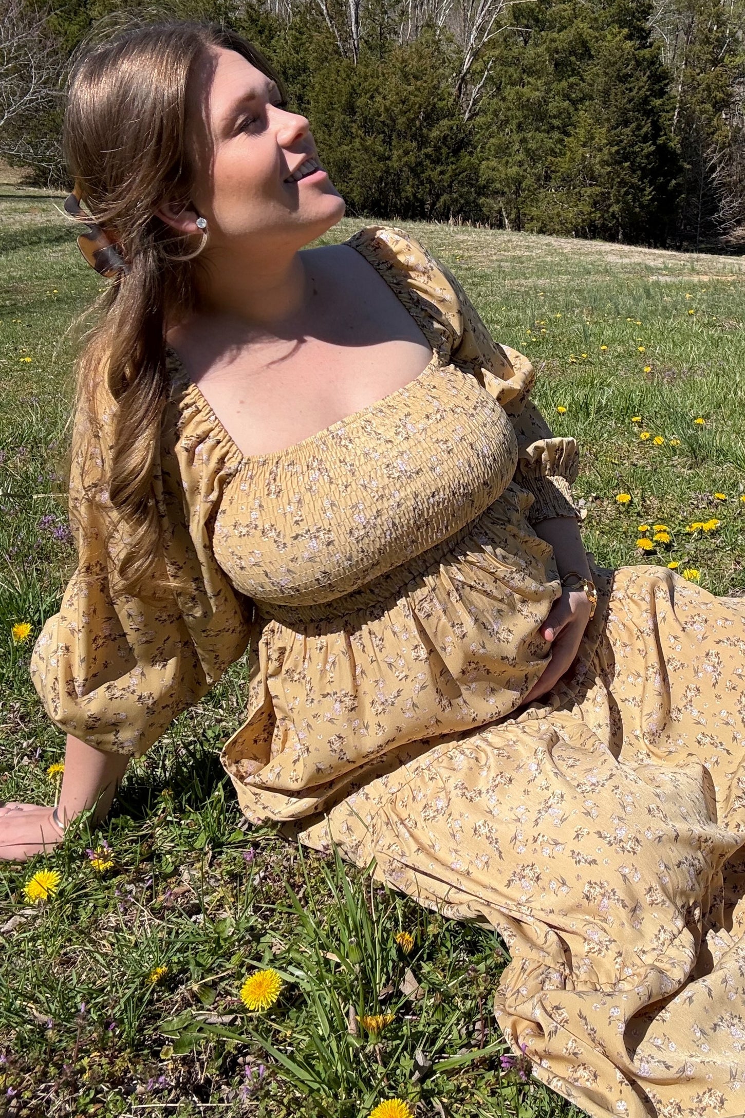 Yellow Floral Smocked Long Sleeve Maternity Maxi Dress