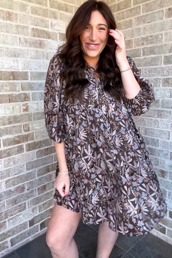 Brown Floral 3/4 Sleeve Maternity Dress