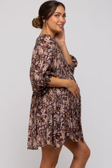 Brown Floral 3/4 Sleeve Maternity Dress