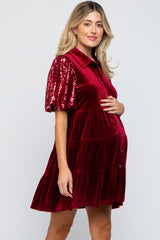 Burgundy Velvet Tiered Sequin Short Sleeve Maternity Dress