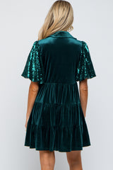 Forest Green Velvet Tiered Sequin Short Sleeve Maternity Dress