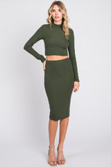 Olive Mock Neck Top Skirt Maternity Set