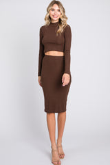 Brown Mock Neck Top Skirt Set