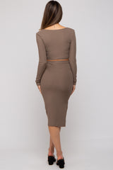 Mocha Ribbed Maternity Crop Top Midi Skirt Set