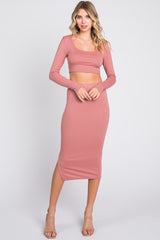 Mauve Ribbed Maternity Crop Top Midi Skirt Set