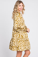 Olive Print Collared Puff Sleeve Dress