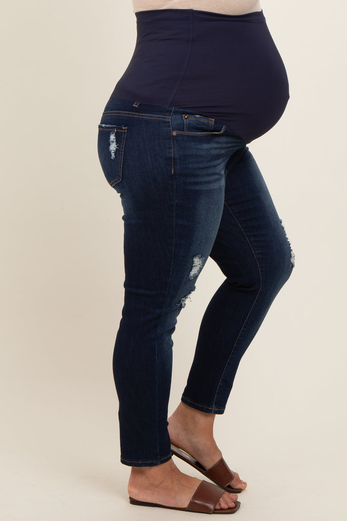 Navy Blue Distressed Crop Skinny Maternity Plus Jeans
