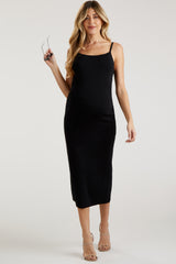 Black Rib Knit Back Slit Maternity Midi Dress