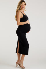 Black Rib Knit Back Slit Maternity Midi Dress