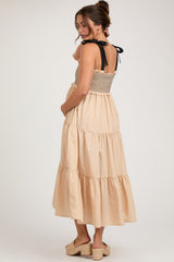 Beige Sleeveless Tiered Colorblock Strap Maternity Maxi Dress