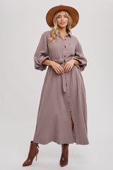 Mocha Gauze Belted Shirt Maternity Midi Dress