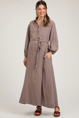 Mocha Gauze Belted Shirt Maternity Midi Dress