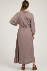 Mocha Gauze Belted Shirt Maternity Midi Dress