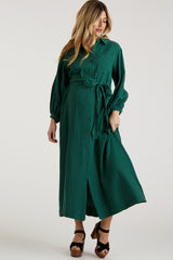 Forest Green Gauze Belted Shirt Maternity Midi Dress