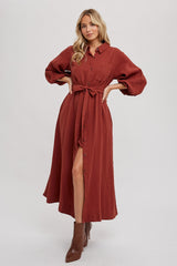 Rust Gauze Belted Shirt Maternity Midi Dress