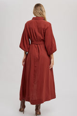 Rust Gauze Belted Shirt Midi Dress