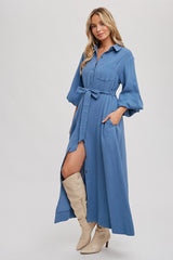 Blue Gauze Belted Shirt Midi Dress