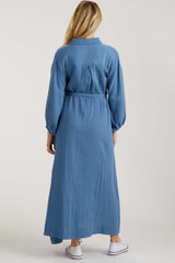 Blue Gauze Belted Shirt Maternity Midi Dress