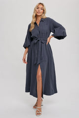 Charcoal Gauze Belted Shirt Maternity Midi Dress