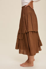 Brown High Waist Asymmetrical Layered Maxi Skirt