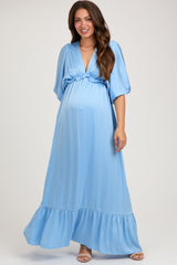 Light Blue Striped Ruffle Accent Maternity Maxi Dress