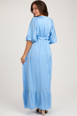 Light Blue Striped Ruffle Accent Maternity Maxi Dress