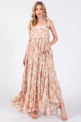 Light Pink Leaf Printed Square Neckline Tie Strap Tiered Maternity Maxi Dress