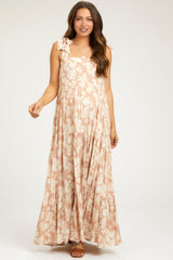 Light Pink Leaf Printed Square Neckline Tie Strap Tiered Maternity Maxi Dress