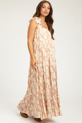 Light Pink Leaf Printed Square Neckline Tie Strap Tiered Maternity Maxi Dress