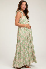 Light Olive Leaf Printed Square Neckline Tie Strap Tiered Maternity Maxi Dress