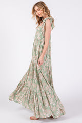 Leaf Printed Square Neckline Tie Strap Tiered Maxi Dress