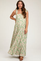 Light Olive Leaf Printed Square Neckline Tie Strap Tiered Maternity Maxi Dress